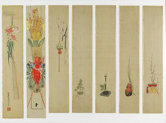 藍衣斎湛山絵短冊　花飾り　その他６枚付　７枚　下村丹山他